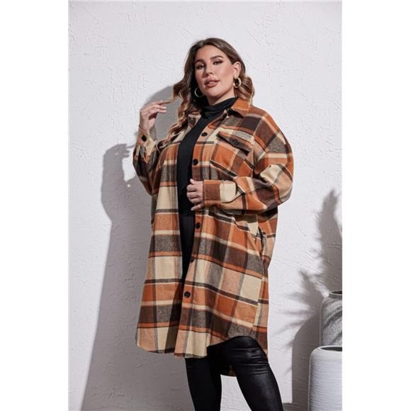 Women's Plus Size Flannel Plaid Shirts Long Sleeve Button Down Long Jacket Coats - Picture 5 of 6